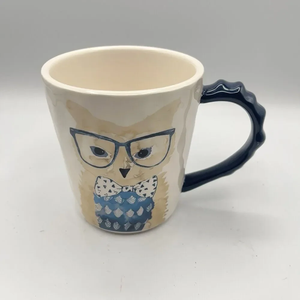 Pier 1 Coffee Mug Owl Owling Like A Boss Blue Bow Tie Glasses Ironstone RARE
